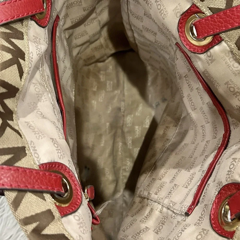 MK Michael‎ Kors Jet Set Signature Grab Bag Tote Tan/Red Jacquard Leather Y2K